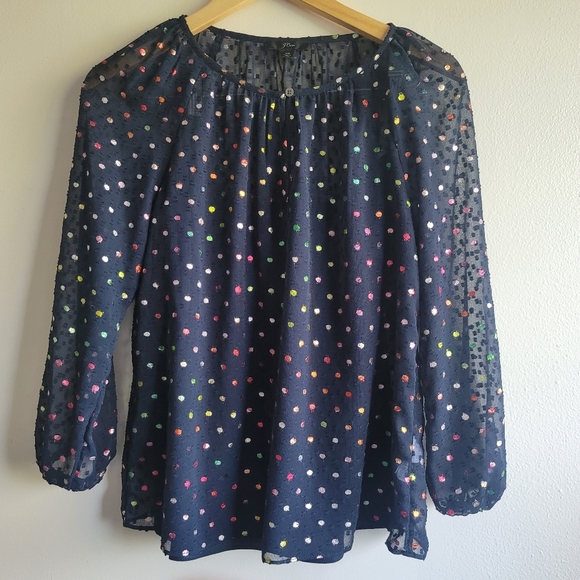 J. Crew, Semi-Sheer Chiffon Swiss Dot‎ Blouse, Navy/Metallic Rainbow, Size XS - Picture 4 of 11